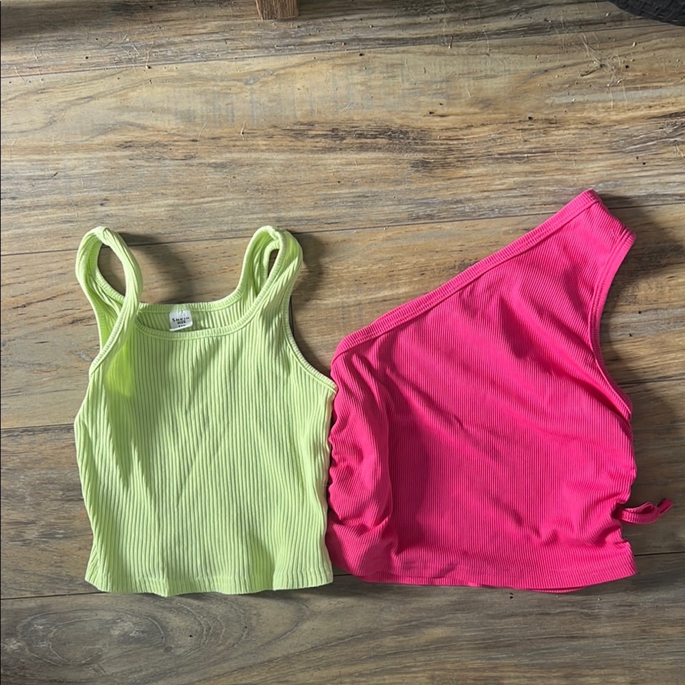 SHEIN Asymmetrical Crop Tank Tops Green and Pink